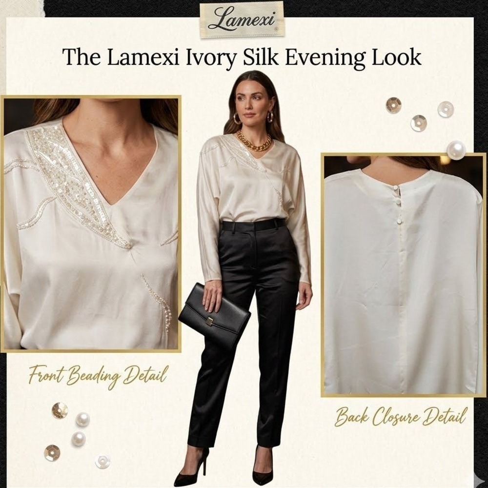 Lamexi Silk Blouse Womens 34 Ivory Beaded Hand Embroidered V-Neck Luxury Mobwife